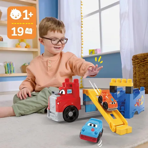 Vista 2 de MEGA BLOKS First Builders - Juego de bloques de construcción para niños pequeños, construye y corre con plataforma con 19 piezas, 2 autos