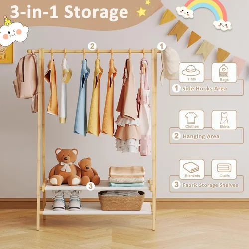 Vista 8 de Perchero de ropa para niños con 2 estantes de tela, soporte plegable para ropa infantil con barra para colgar, organizador de disfraces pequeño