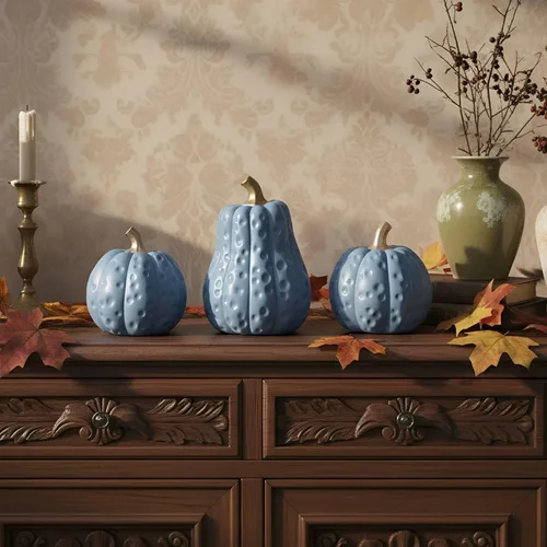 Vista 6 de Yookeer 3 piezas de decoración de calabaza de otoño de Acción de Gracias de resina azul dorado calabazas decorativas de otoño de Acción de Gracias