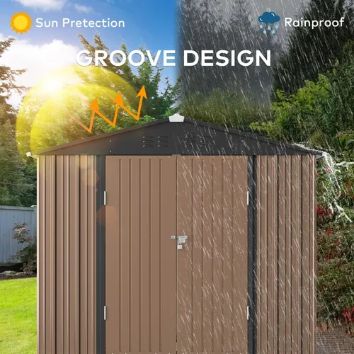 Vista 5 de Gizoon Cobertizo de almacenamiento para exteriores de 8 x 6 pies, cobertizo de jardín de metal galvanizado con puertas dobles con cerradura, Marrón