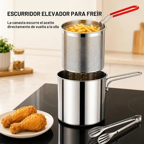 Vista 3 de Nueva olla de freidora de acero inoxidable 304 con cesta y asa (3 piezas)
