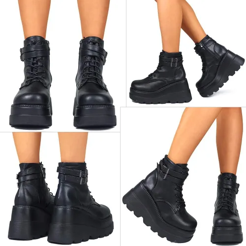 Vista 3 de CELNEPHO Botas de plataforma gruesa para mujer, puntera cuadrada, con cordones, tacón alto, tacón alto, botas de tobillo de cuña