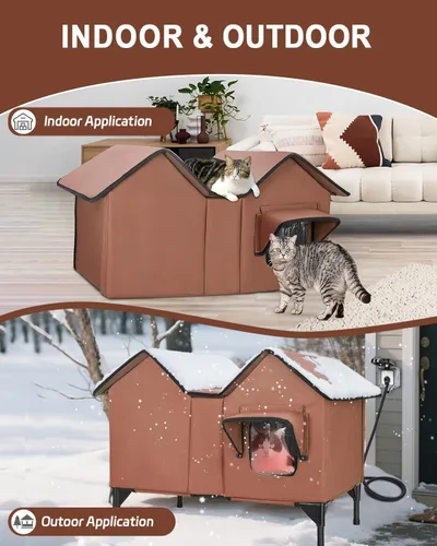 Vista 7 de Casa climatizada para gatos en invierno exterior, casa para gatos climatizada extra grande, resistente a la intemperie, cama elevada, puerta