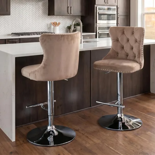 Vista 52 de SoarFlash Juego de 2 taburetes de bar tapizados de terciopelo moderno con patas de madera, botones acolchados, cabeza de clavo cromada, asiento
