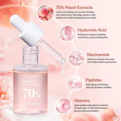 Vista 2 de Peach 70 - Suero de niacinamida, suero corrector de manchas oscuras para hidratación facial, suero facial para piel grasa, limpieza diaria