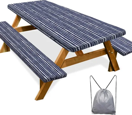 Vista 43 de Funda de mesa de picnic con fundas para bancos Esenciales de camping Mantel de picnic impermeable y a prueba de viento con bolsa de cordón, funda