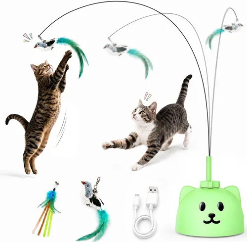 Vista 14 de Juguetes interactivos para gatos de interior: Varita de plumas de ave voladora con giro automático de 360° mejorada con varilla protegida de Blanco