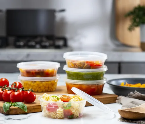 Vista 2 de 8 onzas – 24 juegos de recipientes de plástico para almacenamiento de alimentos con tapas flexibles herméticas para microondas, sin fugas, lavables