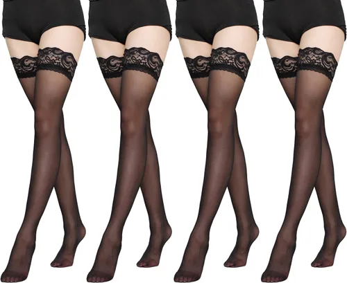 Vista 6 de FOMANN Medias de seda altas de encaje para mujer (4 pares) medias transparentes para mujer Beige