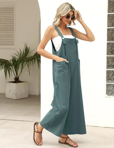 Vista 6 de APAFES Overol de verano de algodón y lino negro para mujer, holgado, sin mangas, ajustable, pierna ancha, monos de una pieza