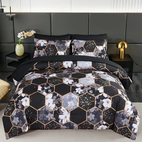 Vista 18 de ZRNBAST - Juego de edredón de nido de abeja negro de tamaño completo de 7 piezas, ropa de cama hexagonal suave y ligera, de mármol para todas
