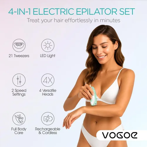 Vista 2 de VOGOE Depiladora para mujer, depiladora inalámbrica para mujeres, depiladora eléctrica 4 en 1, 2 velocidades y 21 pinzas para cara, piernas, brazos