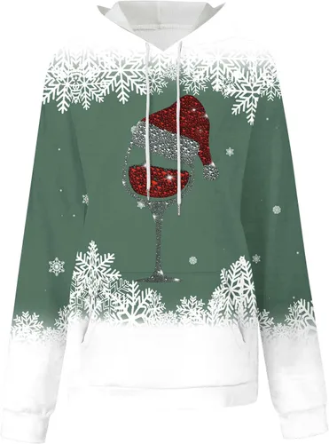Vista 4 de Sudaderas con capucha de moda con estampado gráfico de copa de vino para mujer, casual, manga larga, divertida, de Navidad, cómoda sudadera