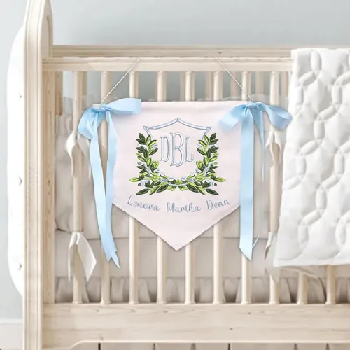 Vista 6 de Letrero personalizado de bienvenida para bebé, bandera bordada con nombre, letrero para puerta de hospital de bebé, con lazos, decoración de baby
