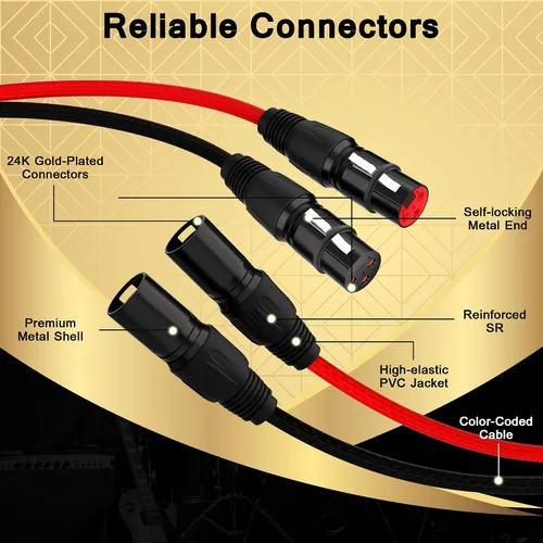 Vista 3 de Cables XLR Snake de 2 canales de 4 pies, cable de micrófono XLR de 2 colores macho a hembra con código de color, para grabación, estudios, en vivo