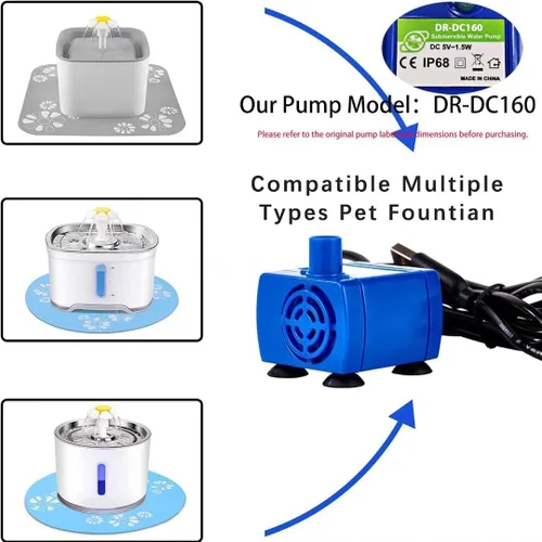 Vista 2 de Bomba de fuente de agua para gatos, bomba de repuesto para fuente de agua para mascotas, motor DR-DC160 para fuente redonda, cúbica, con tapa