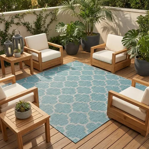Vista 59 de Unique Loom Outdoor Trellis Collection Alfombra de Área (5' 1" x 8' Oval, Aguamarina/Gris)