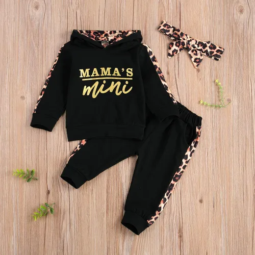 Vista 3 de Ropa de otoño e invierno para bebé niña, sudadera con capucha y pantalones con estampado de leopardo, 2 piezas