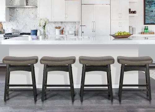 Vista 18 de ALPHA HOME Taburete de bar, taburete de cocina de silla de montar de madera maciza con cojín de tela de lino beige, taburete de bar de altura
