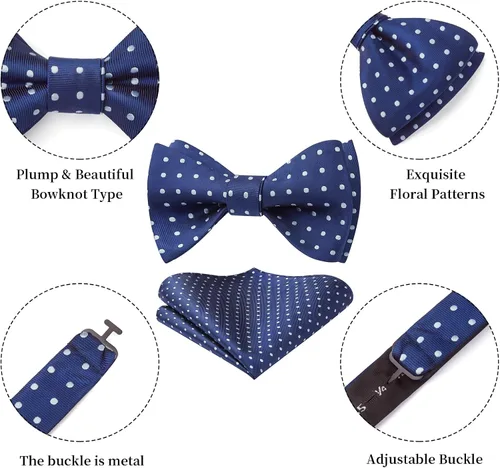 Vista 3 de HISDERN Pajaritas para hombre, diseño de lunares, corbatín y bolsillo cuadrado, clásico, esmoquin de negocios, boda, pajaritas, pañuelo
