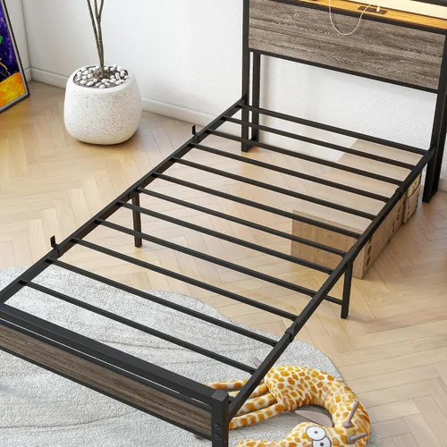 Vista 7 de BOFENG Base de cama individual con cabecera de madera y estación de carga USB, plataforma de metal resistente, marco de cama individual LED