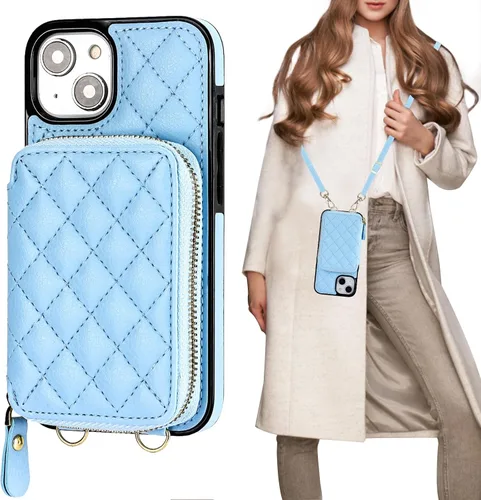 Vista 17 de Bocasal Funda tipo cartera cruzada para iPhone 14, con bloqueo RFID, de piel sintética, con cremallera, funda tipo cartera con función atril y Negro