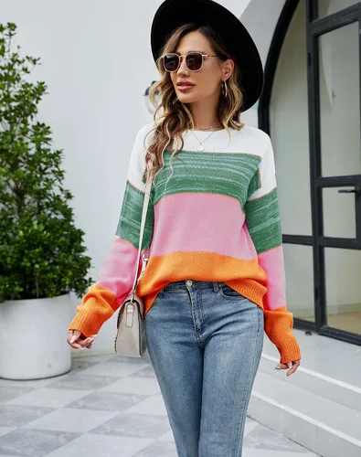 Vista 5 de LIFOER - Suéter de manga larga con bloques de color para mujer, suéter de punto de retazos, suéter casual con cuello redondo