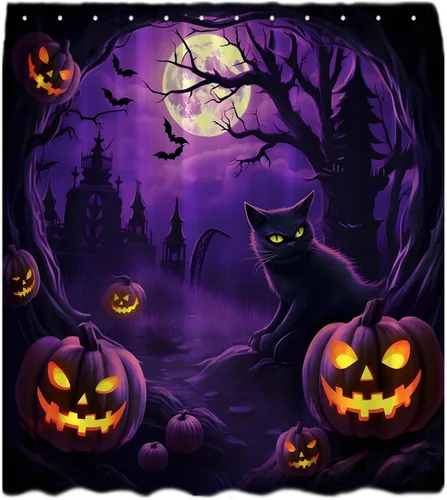 Vista 7 de Cortina de ducha de Halloween, espeluznante gato negro, calabazas aterradoras, luna llena, casa encantada, murciélagos, árbol muerto, cortina