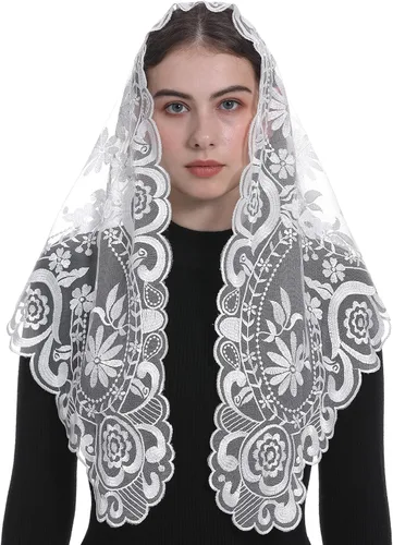 Vista 2 de Bozidol Velo de mantilla triangular para mujer estilo español bordado de camelia bufanda de encaje con flecos para misa latina