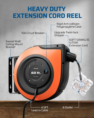 Vista 6 de DEWENWILS - Carrete de cable de extensión retráctil de 60 pies con 6 tomas de tierra, cable de alimentación resistente con tapón de bloqueo
