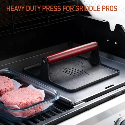 Vista 3 de The Beef Master - Prensa de Parrilla de Hierro Fundido - Prensa de Hamburguesas XL, Prensa de Plancha Pre-Sazonada, Prensa de Carne Resistente