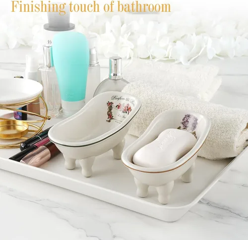 Vista 6 de Jabonera de baño de cerámica retro para ducha, 2 piezas, mini bañera de porcelana de 5.6 pulgadas, soporte de jabón autodrenante para decoración