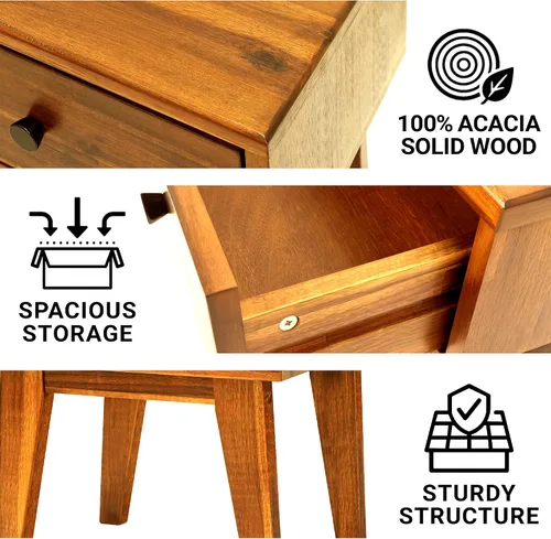 Vista 3 de Acacia Sofia - Mesita de noche con cajón, mesita de noche, mesa auxiliar de madera maciza con cajón y espacio de almacenamiento para dormitorio