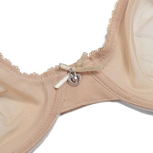 Vista 3 de Conjunto de lencería con brasier de malla transparente ligera sin forro con encaje para mujer