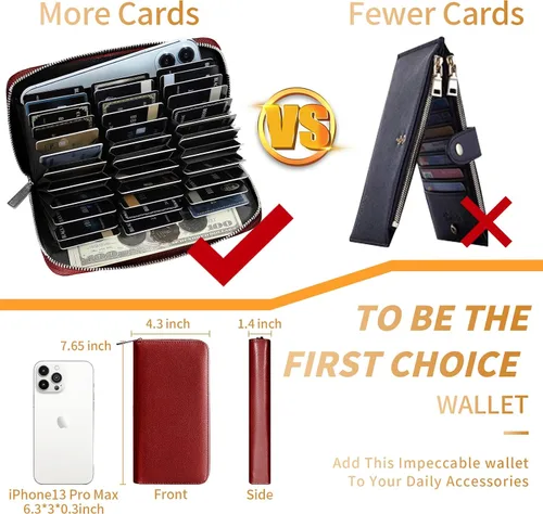 Vista 4 de Bistup Cartera larga para tarjetas de crédito para mujeres y mujeres de cuero genuino Rfid rojo grande con cremallera en efectivo para mujeres