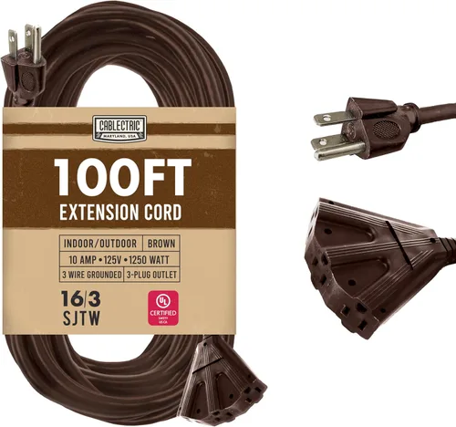 Vista 16 de Cable de extensión marrón de 6 pies con 3 tomas de corriente eléctrica, cable SJTW resistente 16/3 con enchufe de 3 clavijas para seguridad, 13