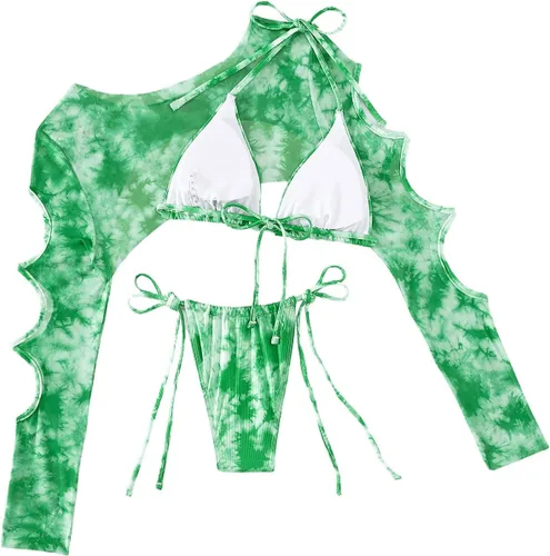 Vista 3 de OYOANGLE Traje de baño de 3 piezas para mujer, diseño de triángulo, teñido anudado, con cuello halter, con corte