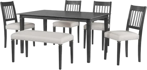 Vista 8 de Juego de comedor retro de 6 piezas, mesa rectangular de madera y 4 sillas con banco para cocina y comedor, color gris cola de milano Cola de milano