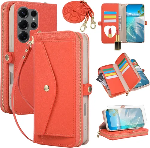 Vista 61 de Asuwish Funda de teléfono para Samsung Galaxy S23 5G con cremallera, funda para celular con protector de pantalla, correa para el hombro, espejo