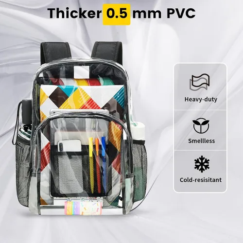 Vista 4 de Vorspack Mochila transparente resistente - Mochila transparente de PVC grande para libros para trabajo universitario