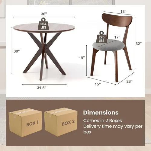 Vista 2 de ERGOMASTER Juego de mesa de comedor de 3 piezas para 2, mesa de cocina de 36 pulgadas con 2 sillas, patas de madera de goma, color marrón