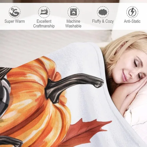 Vista 4 de Manta de lana cuadriculada con diseño de calabaza, hojas de arce, Acción de Gracias, manta de cama para otoño, Acción de Gracias, ligera, súper