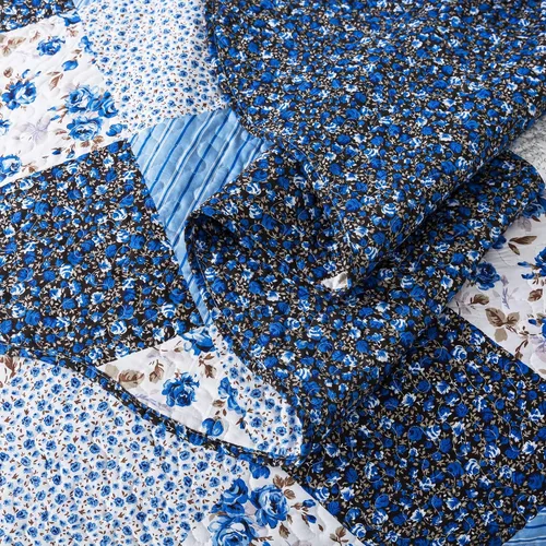 Vista 6 de Juego de cama de dos piezas, tamaño individual, de microfibra, reversible, de retazos, estilo floral, todas las estaciones, patrón de porcelana azul