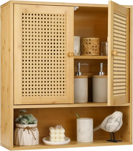 Vista 7 de ZYBT Gabinete de Baño de Bambú, Gabinetes de Medicina con Espejo, Gabinete de Baño Montado en la Pared con Almacenamiento, Gabinetes de Medicina