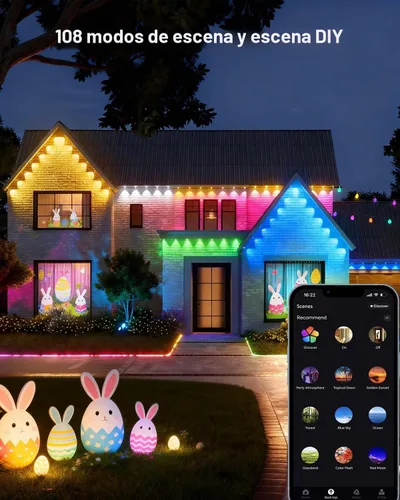 Vista 7 de Guirnalda de luces permanentes para exteriores, 50 pies RGBW+IC Smart LED aleros luces impermeables IP67, aplicación y control remoto, iluminación