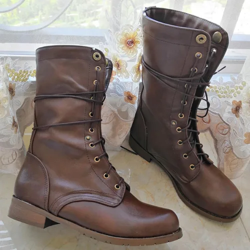 Vista 5 de Botas de combate romanas de cuero para mujer, con cordones, de media pantorrilla, para invierno, al aire libre, casual, para caminar, a la moda