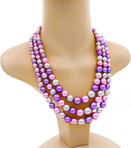 Vista 6 de Collar de perlas grandes de imitación para mujer, juego de collar y aretes de perlas de múltiples hebras, collar de perlas de 3 capas, perlas