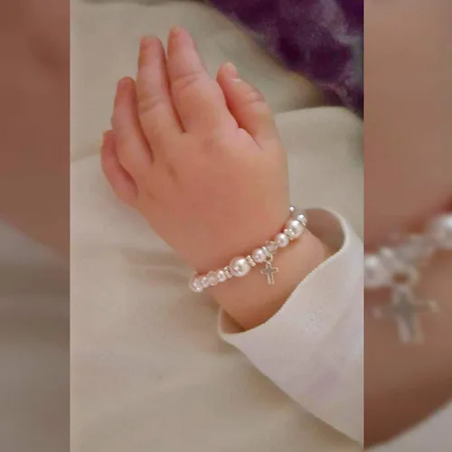Vista 2 de Communion Jewelry Austrian Pink Pearls and Crystals and Sterling Silver Cross Charm Baptism Christening Keepsake Infant Baby Toddler Child Teen