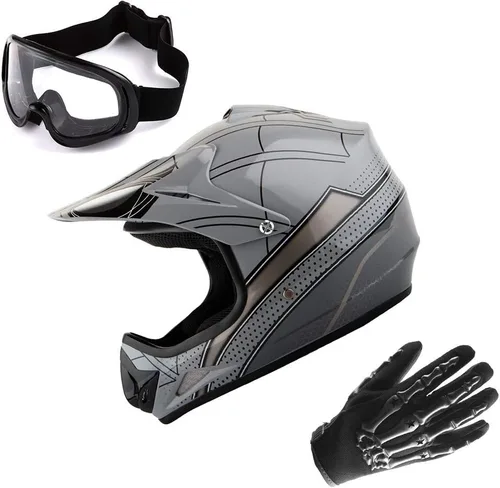 Vista 10 de WOW Casco de motocross juvenil MX BMX, casco de bicicleta negro araña + gafas + guante negro esqueleto K-Negro mate