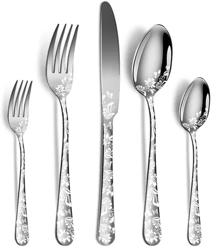 Vista 10 de Juego de cubiertos para 12 cubiertos, 60 piezas, diseño único de patrón de flores, utensilios de cocina de acero inoxidable, juego de cubiertos Oro